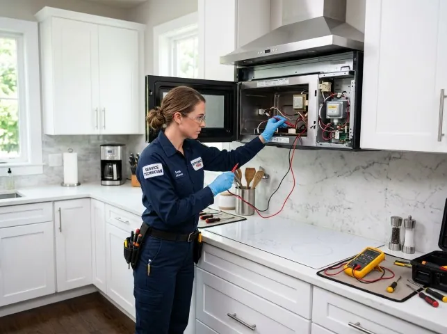 Appliance Repair Hero technician testing an over-the-range microwave in a Butler, TN kitchen