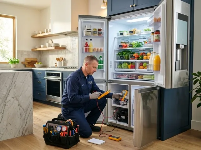 Appliance Repair Hero refrigerator technician testing a fridge on a Butler, TN service call